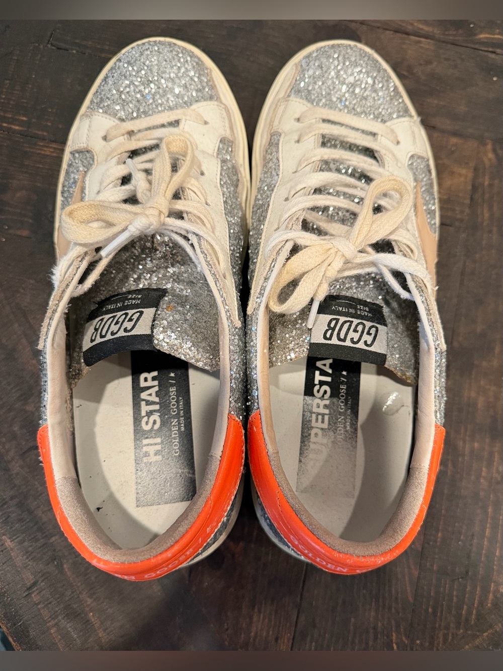 Golden Goose Hi Star Silver Glitter Sneaker with Peach Star/Orange Heel Tab - Picture 5 of 9